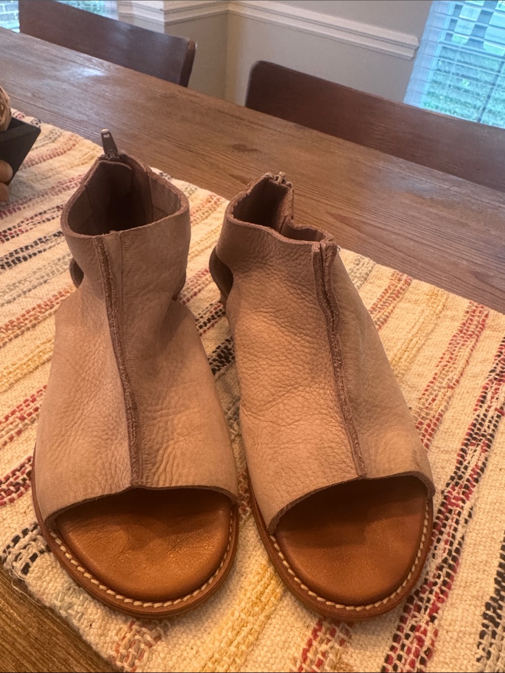 Peep-Toe Ankle Sandals — Light Taupe Leather